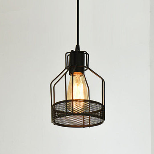 Industrial Style Single Geometrical Cage Pendant Light With Metal Black Finish / Bottle