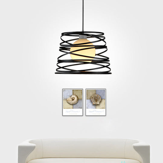 White Glass Domed Suspension Light - Loft Style Single Pendant With Black Wire Guard