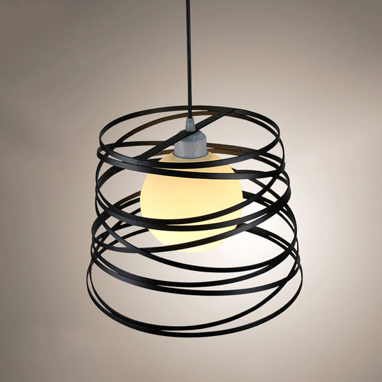 White Glass Domed Suspension Light - Loft Style Single Pendant With Black Wire Guard