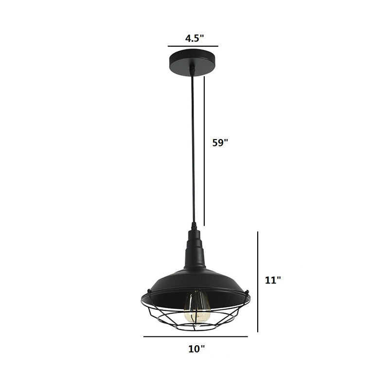 Farmhouse Barn Style Black Metal Pendant Lamp With Tapered Cage - 1 Light