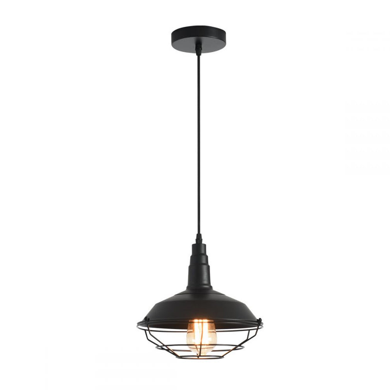 Farmhouse Barn Style Black Metal Pendant Lamp With Tapered Cage - 1 Light