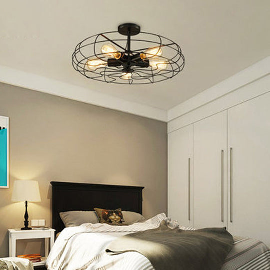 Black Industrial 5-Head Suspension Lamp for Bedroom - Iron Wire Round Chandelier Light