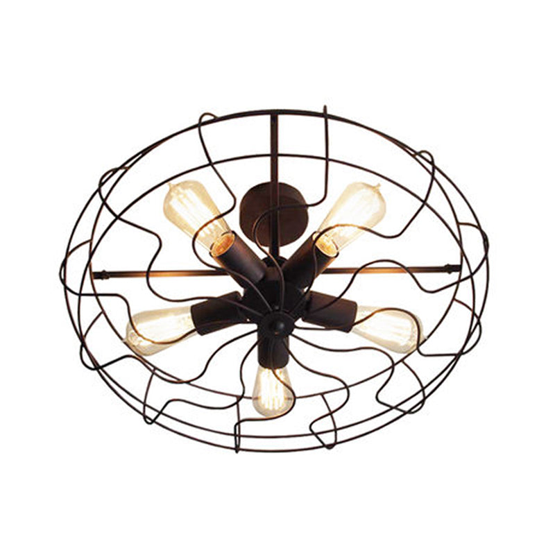 Black Industrial 5-Head Suspension Lamp for Bedroom - Iron Wire Round Chandelier Light