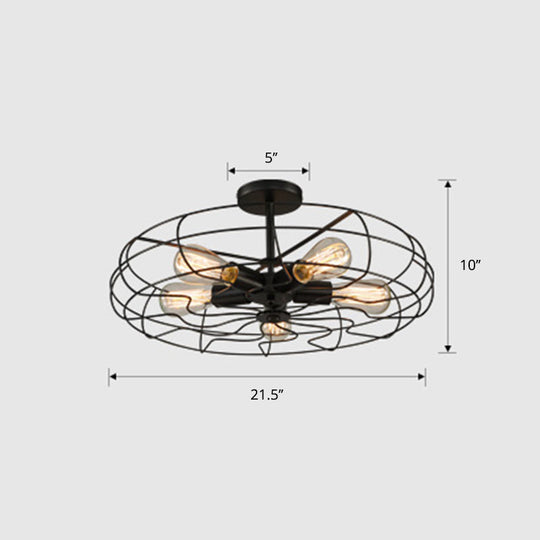 Iron Wire 5-Head Bedroom Chandelier Light - Industrial Round Suspension Lamp In Black