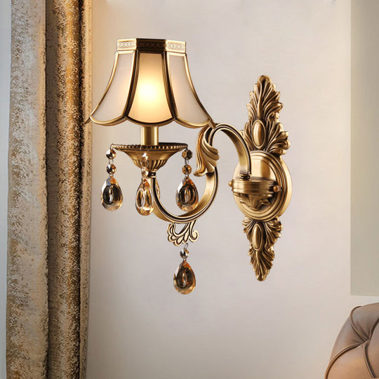 Antique Scalloped Shade Wall Lamp - Opaque Glass 1-Head Lighting With Crystal Accents In Brass