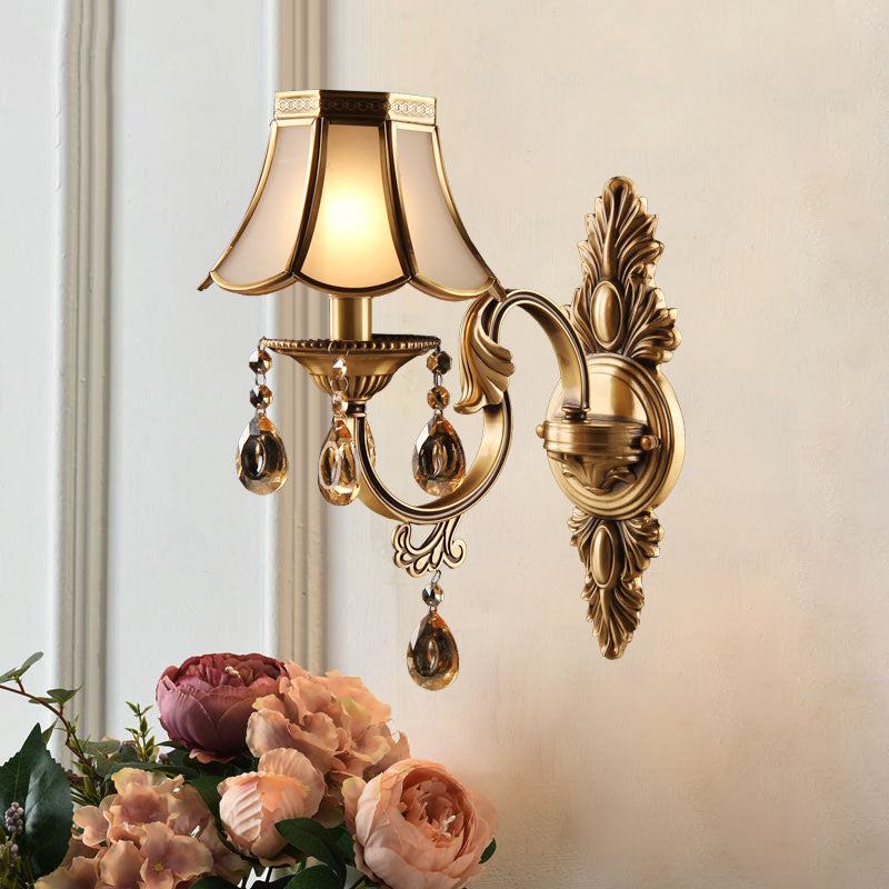 Antique Scalloped Shade Wall Lamp - Opaque Glass 1-Head Lighting With Crystal Accents In Brass