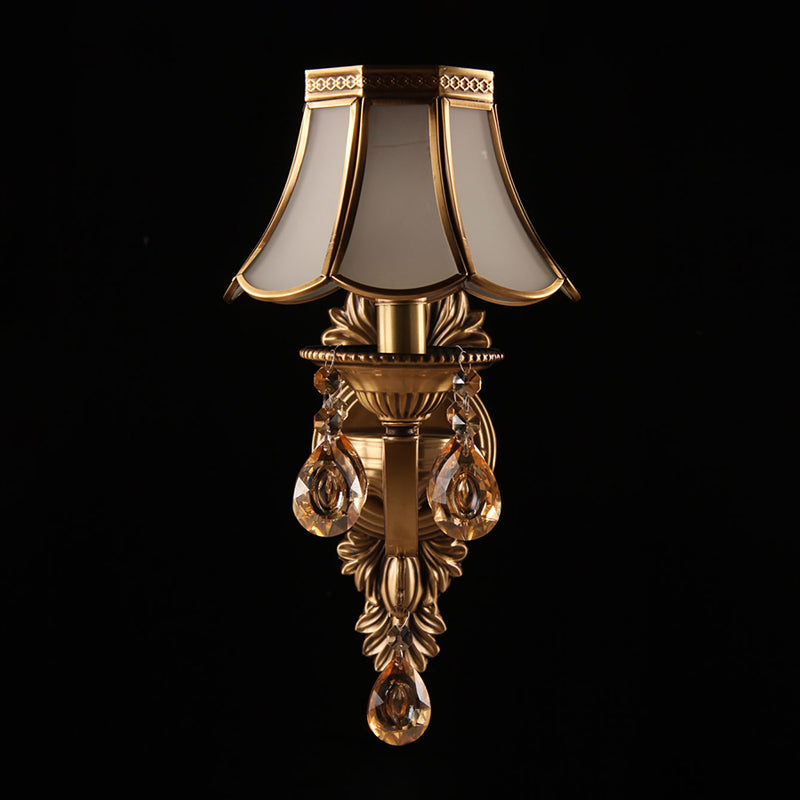 Antique Scalloped Shade Wall Lamp - Opaque Glass 1-Head Lighting With Crystal Accents In Brass