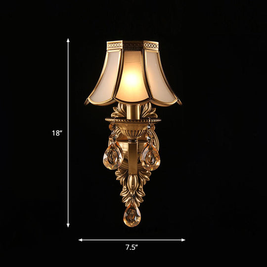 Antique Scalloped Shade Wall Lamp - Opaque Glass 1-Head Lighting With Crystal Accents In Brass