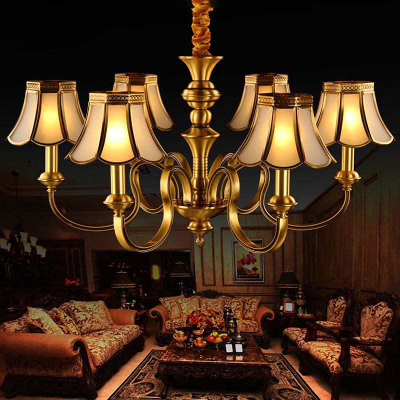 Classic Flower Hanging Lamp - 6 Bulbs Frosted White Glass Chandelier Light With Brass Fixture