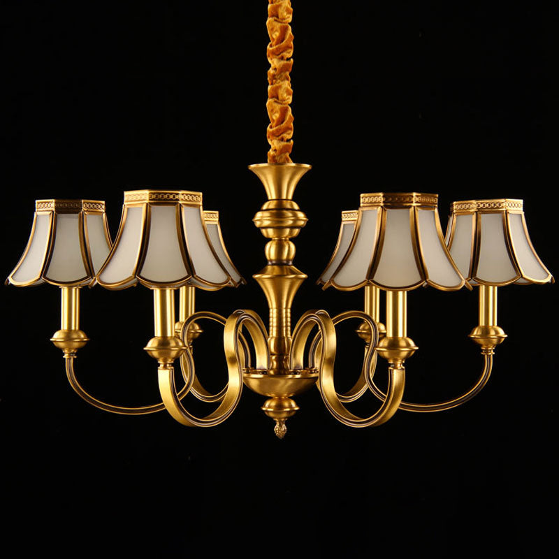 Classic Flower Hanging Lamp - 6 Bulbs Frosted White Glass Chandelier Light With Brass Fixture