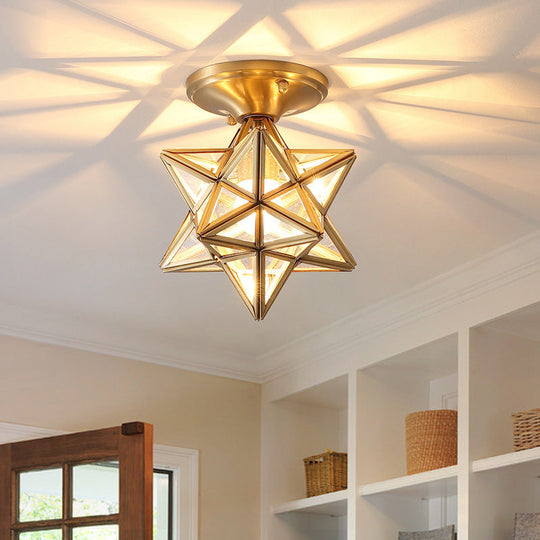 Geometric Ceiling Lamp: Colonial Style 1 Bulb Brass Frame Transparent Glass / Star