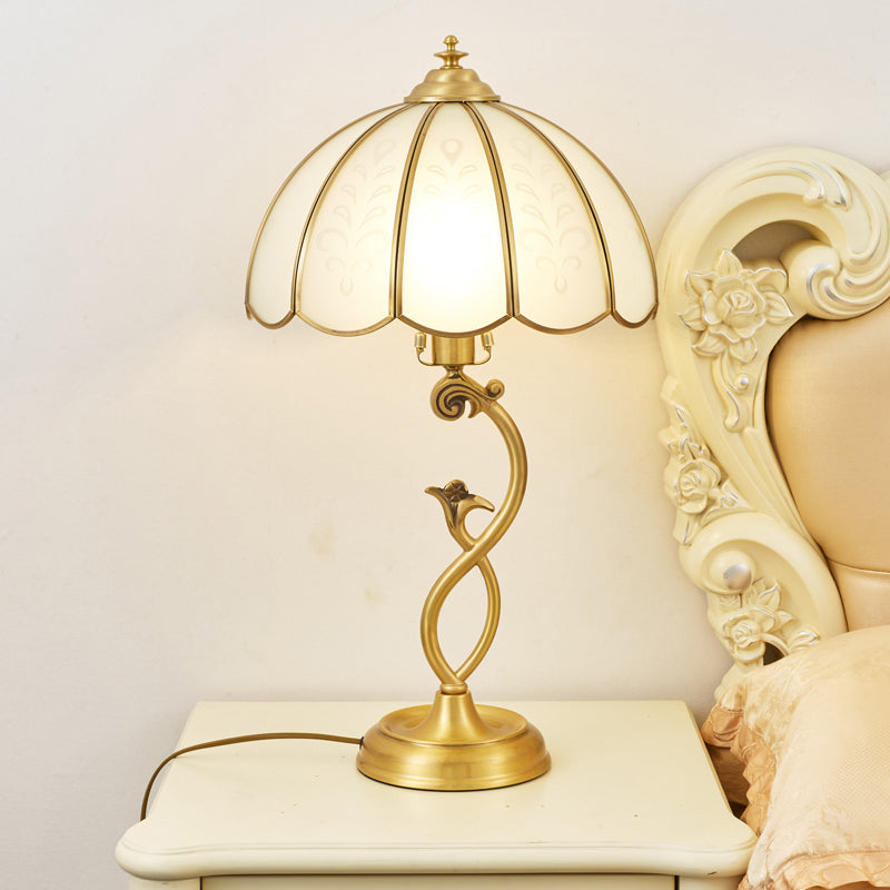 Umbrella Shaped Traditional Brass Nightstand Lamp - Cream Glass Single Table Light