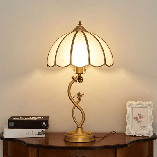 Umbrella Shaped Traditional Brass Nightstand Lamp - Cream Glass Single Table Light