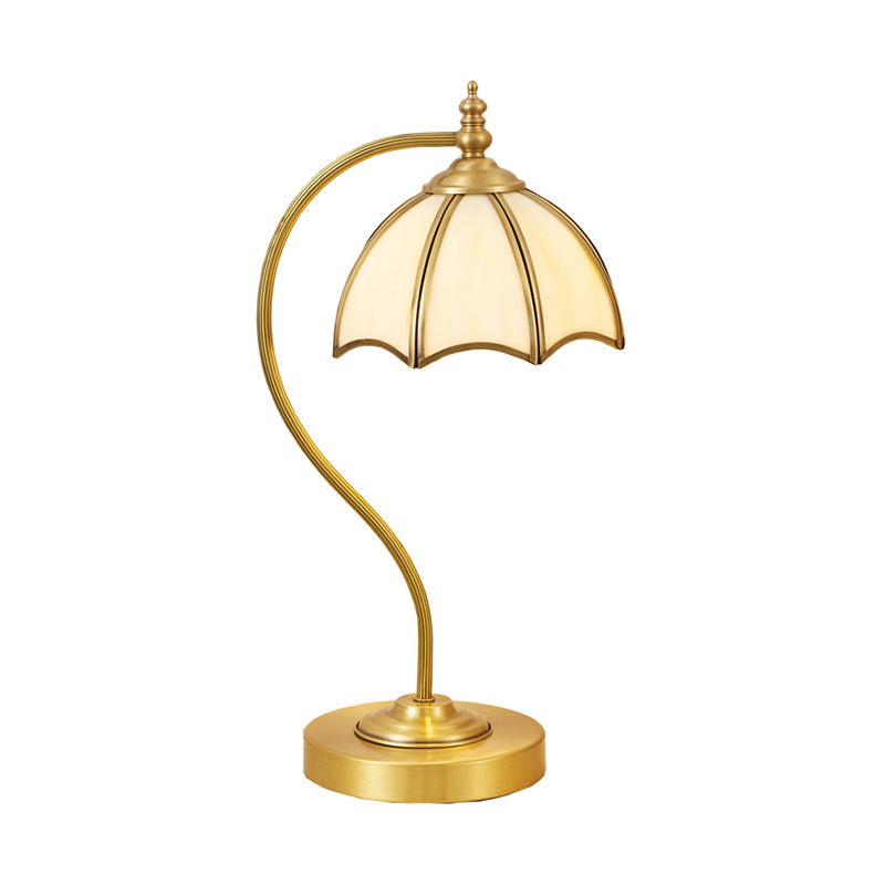 Vintage Brass Gooseneck Table Light With Scalloped White Glass Shade - Bedroom Nightlight