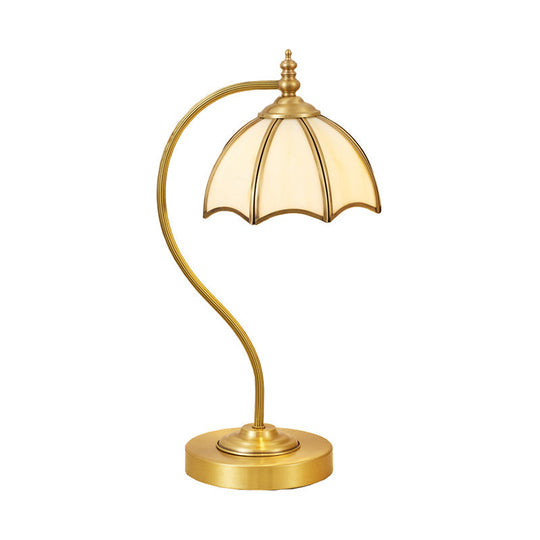 Vintage Brass Gooseneck Table Light With Scalloped White Glass Shade - Bedroom Nightlight