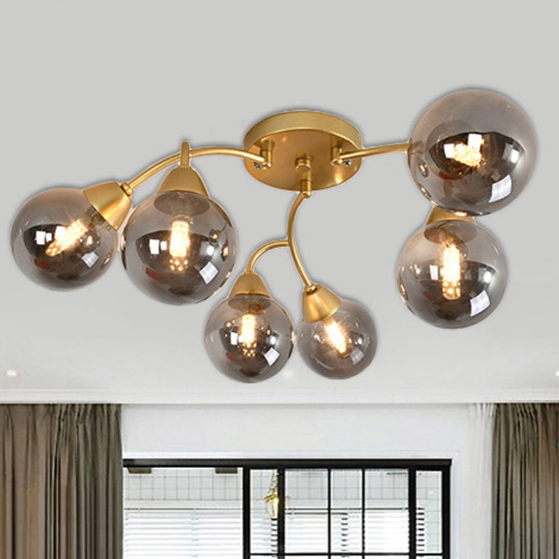 Modernist Amber/Cream/Smoky Glass Semi Flush Lamp - Gold Led Lighting Fixture 6 / Smoke Gray