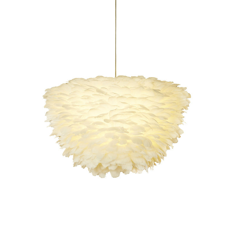 White Floral Pendant Chandelier with Feather Accent - Simple Dining Room Lighting