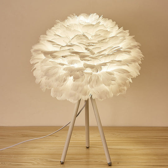 Sleek Feathered Bedside Lamp: Minimalistic Spherical Night Light With Tripod