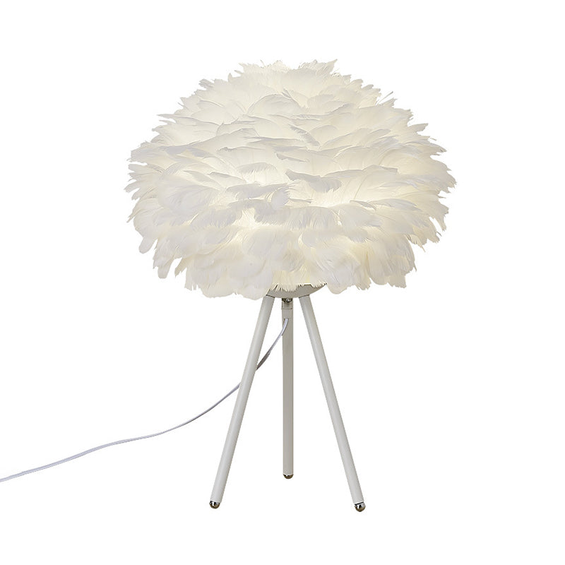 Sleek Feathered Bedside Lamp: Minimalistic Spherical Night Light With Tripod