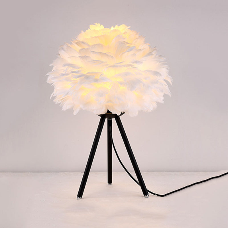 Sleek Feathered Bedside Lamp: Minimalistic Spherical Night Light With Tripod Black