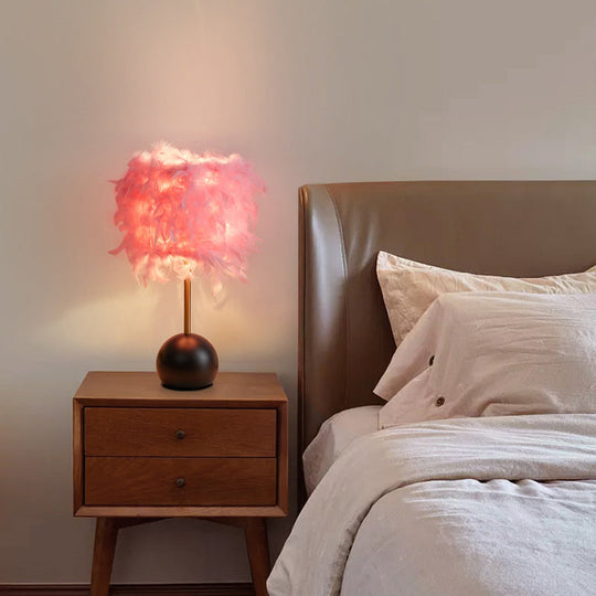 Nordic Feather Cylinder Nightstand Light - Bedroom Table Lamp With Dome Pedestal