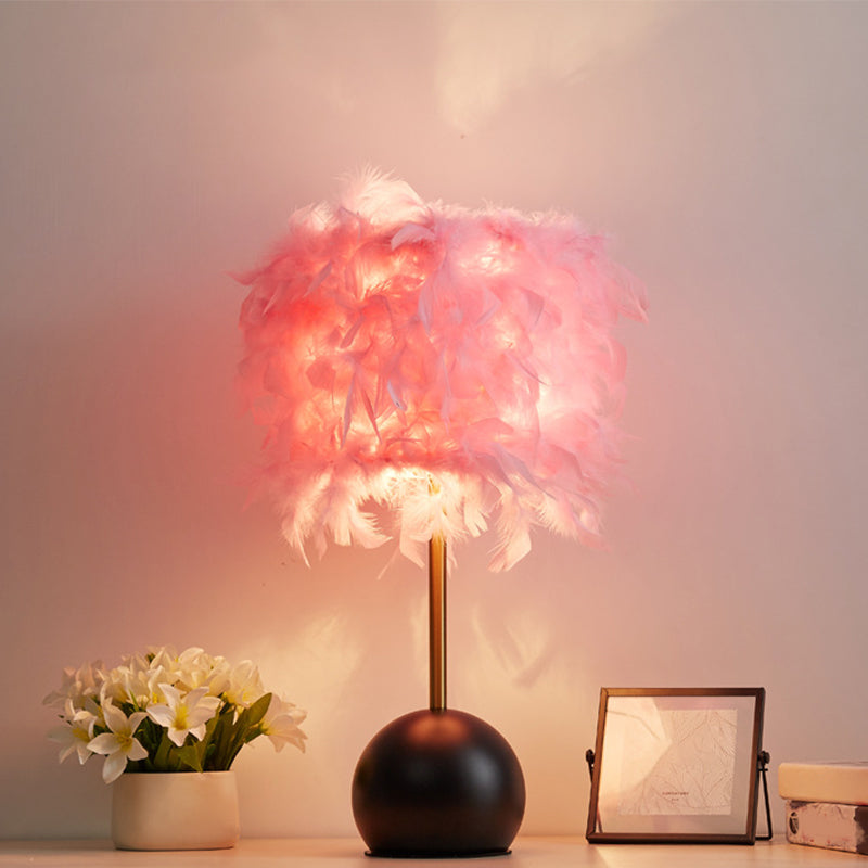 Nordic Feather Cylinder Nightstand Light - Bedroom Table Lamp With Dome Pedestal Black