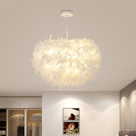 White Goose Feather Dome Ceiling Light Fixture - Elegant Pendant for Bedroom