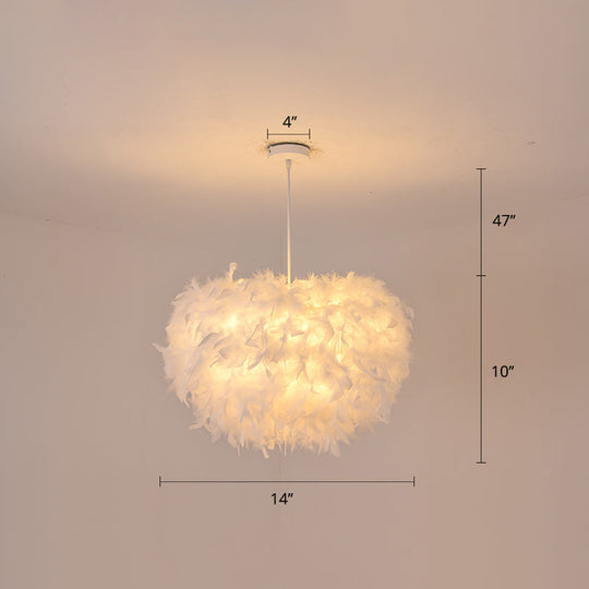 White Goose Feather Dome Ceiling Light Fixture - Elegant Pendant for Bedroom