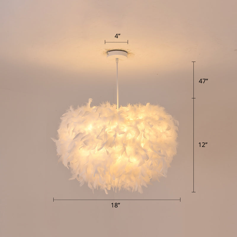 White Goose Feather Dome Ceiling Light Fixture - Elegant Pendant for Bedroom