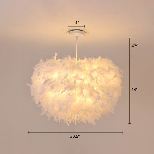 White Goose Feather Dome Ceiling Light Fixture - Elegant Pendant for Bedroom