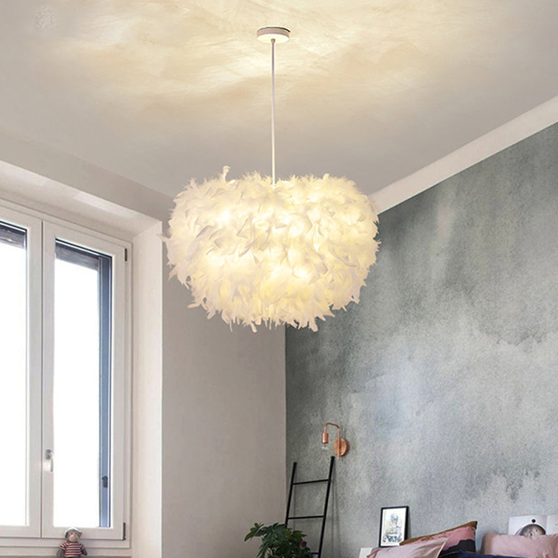 Simplicity White Goose Feather Dome Pendant Ceiling Light Perfect For Bedroom Decor