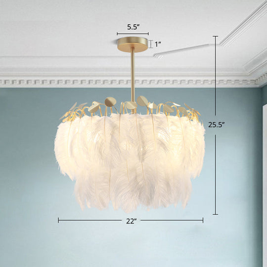 Feather White Bedroom Chandelier: Round Postmodern Hanging Lamp