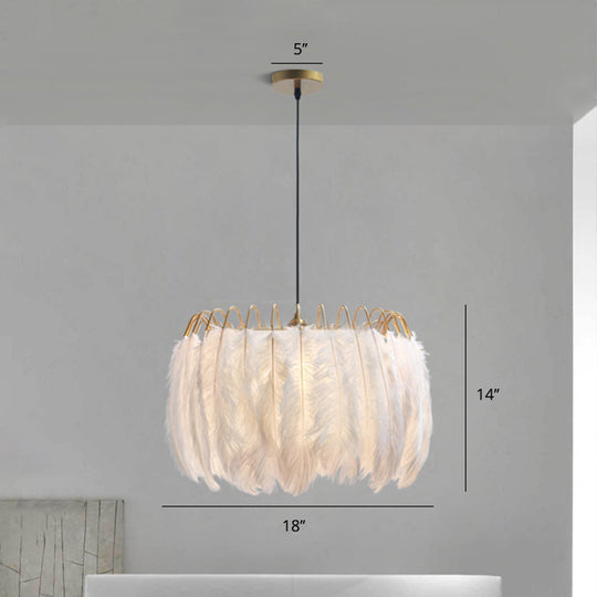 Feather White Bedroom Chandelier: Round Postmodern Hanging Lamp