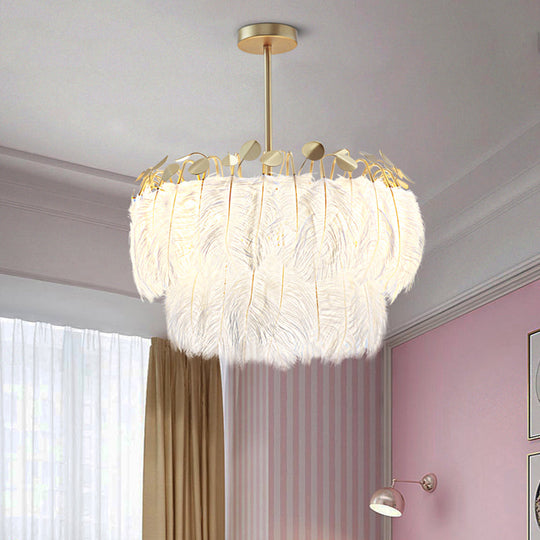 Feather White Bedroom Chandelier: Round Postmodern Hanging Lamp