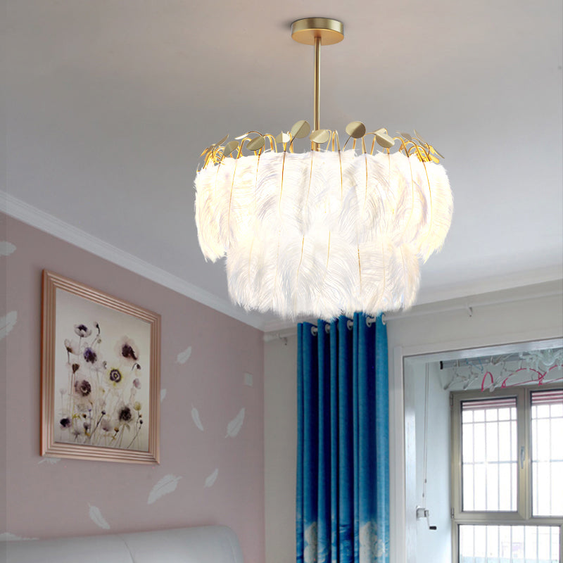 Feather White Bedroom Chandelier: Round Postmodern Hanging Lamp