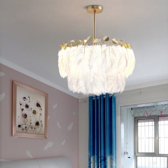 Feather White Round Chandelier Light Fixture - Elegant Postmodern Hanging Lamp For Bedrooms