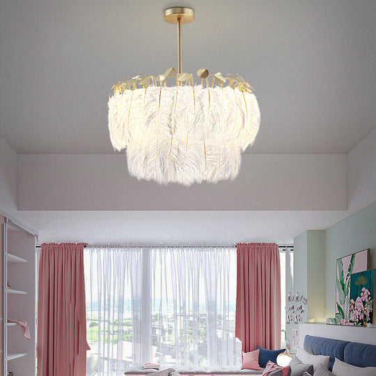 Feather White Bedroom Chandelier: Round Postmodern Hanging Lamp