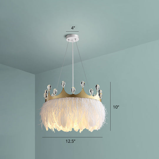 Minimalist Crown Child Room Chandelier With Crystal Accents - White Feather Lamp Pendant