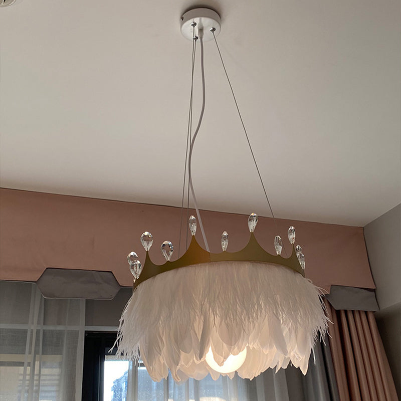 Feathered Crown Child Room Chandelier: Minimalist Pendant Lamp in White with Crystal Accents