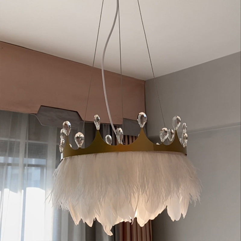 Minimalist Crown Child Room Chandelier With Crystal Accents - White Feather Lamp Pendant