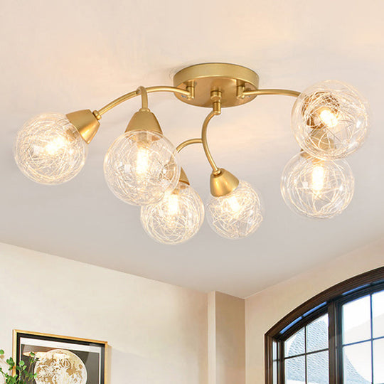 Modern Gold LED Semi Flush Ceiling Light with Clear Glass Sphere Shades - 6/12-Light Bedroom Semi Flush