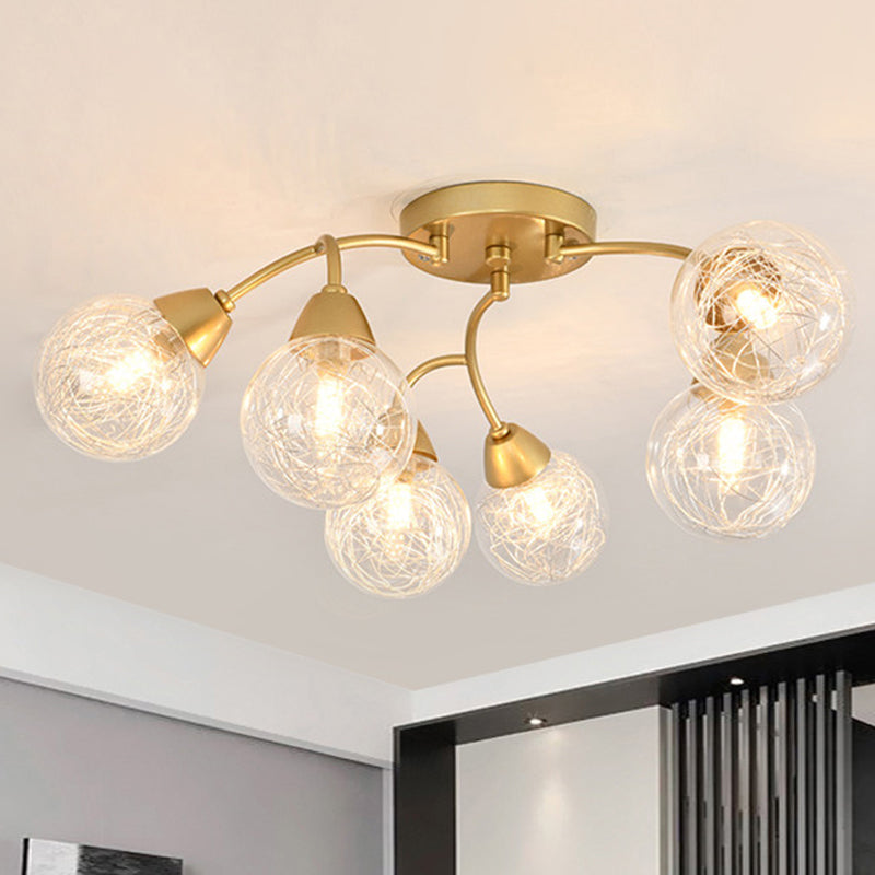 Modern Gold LED Semi Flush Ceiling Light with Clear Glass Sphere Shades - 6/12-Light Bedroom Semi Flush