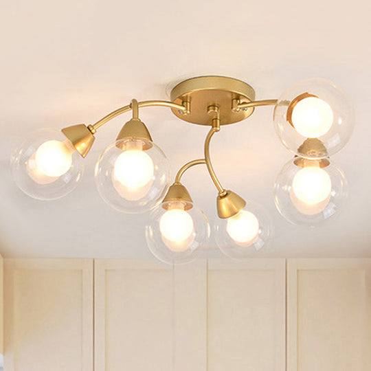 Modern Gold Led Semi Flush Ceiling Light With Clear Glass Sphere Shades - 6/12-Light Bedroom