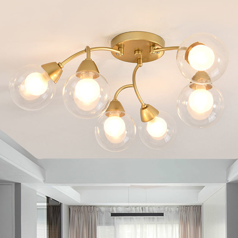 Modern Gold LED Semi Flush Ceiling Light with Clear Glass Sphere Shades - 6/12-Light Bedroom Semi Flush