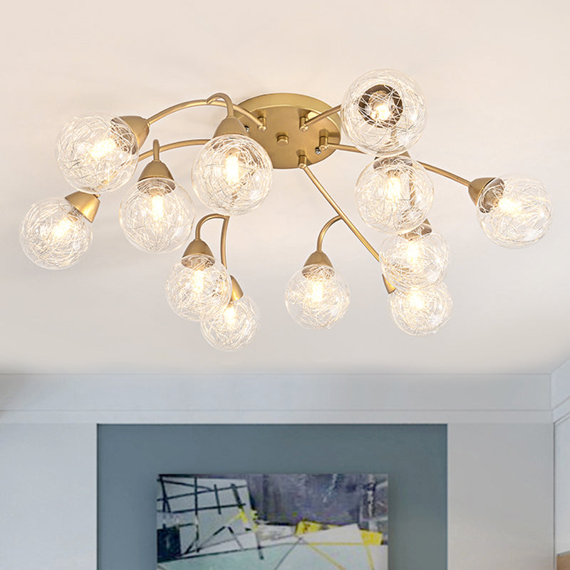 Modern Gold LED Semi Flush Ceiling Light with Clear Glass Sphere Shades - 6/12-Light Bedroom Semi Flush