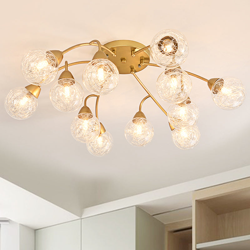 Modern Gold LED Semi Flush Ceiling Light with Clear Glass Sphere Shades - 6/12-Light Bedroom Semi Flush