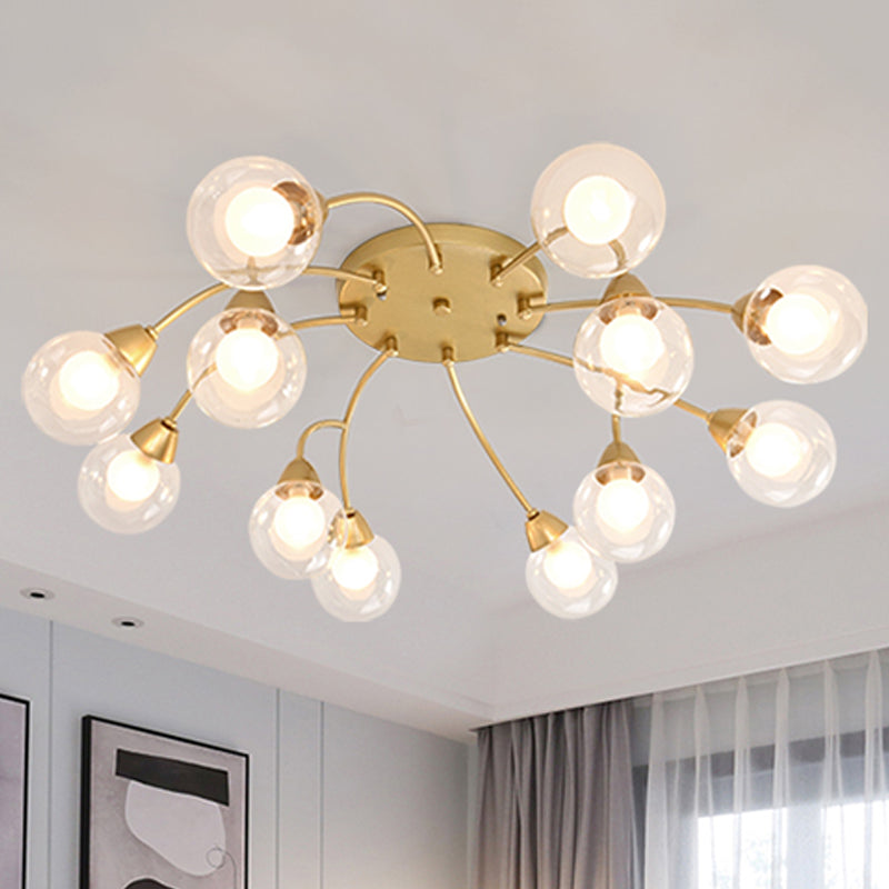 Modern Gold LED Semi Flush Ceiling Light with Clear Glass Sphere Shades - 6/12-Light Bedroom Semi Flush