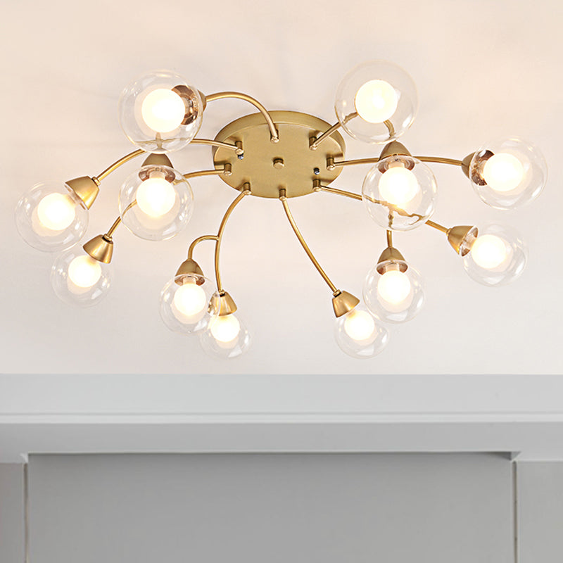 Modern Gold LED Semi Flush Ceiling Light with Clear Glass Sphere Shades - 6/12-Light Bedroom Semi Flush