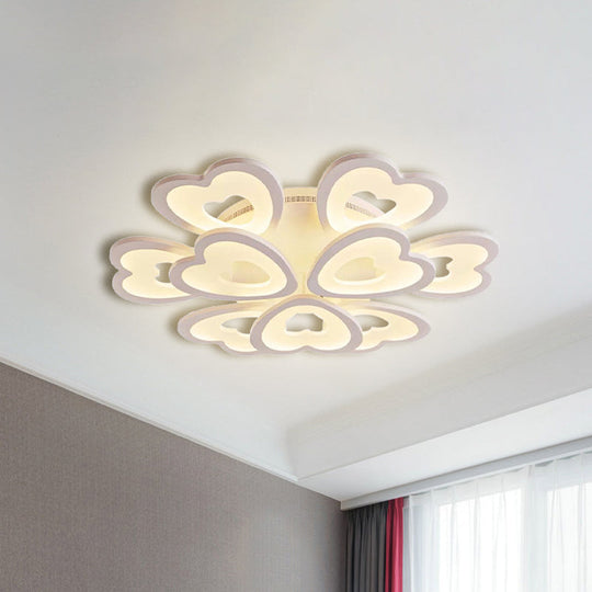 Heart Acrylic Shade Flush Mount Light for Bedroom - White Ceiling Lamp in Warm/White/Natural Light - 9/12/15 Lights