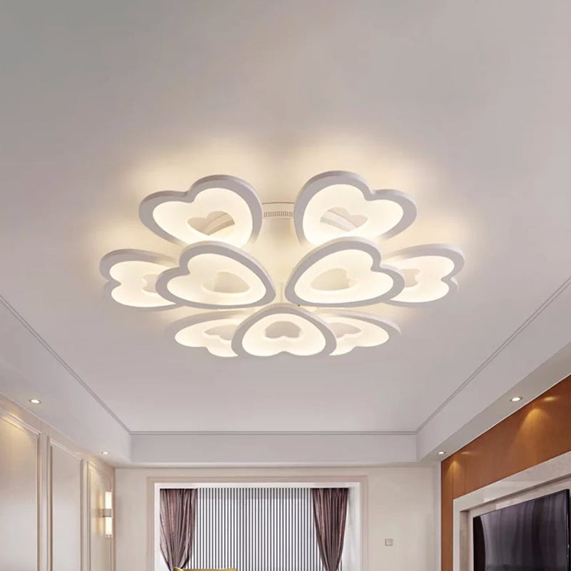 Heart Acrylic Shade Flush Mount Light for Bedroom - White Ceiling Lamp in Warm/White/Natural Light - 9/12/15 Lights